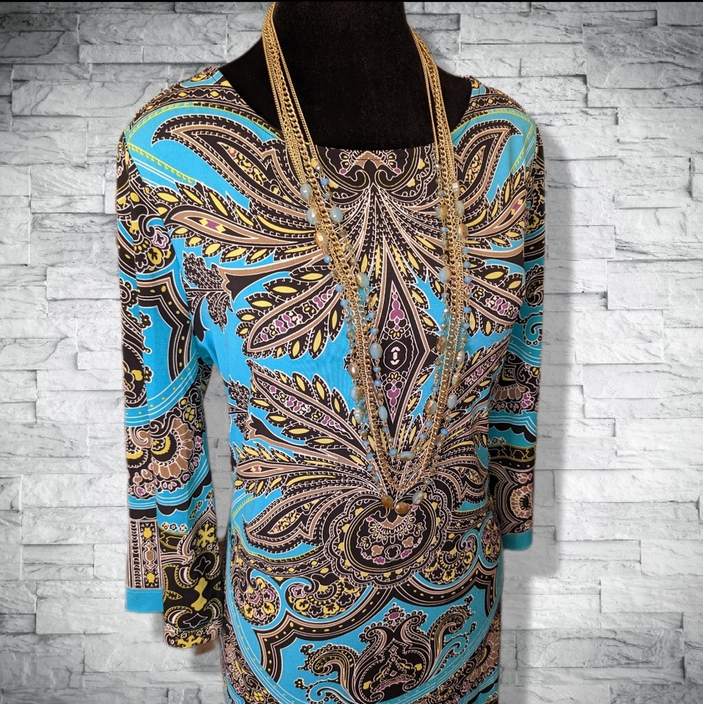 Teal Turquoise Stretch Mini Dress 3/4 Sleeves Boat Neck Flattering Fit D10 - Picture 5 of 11